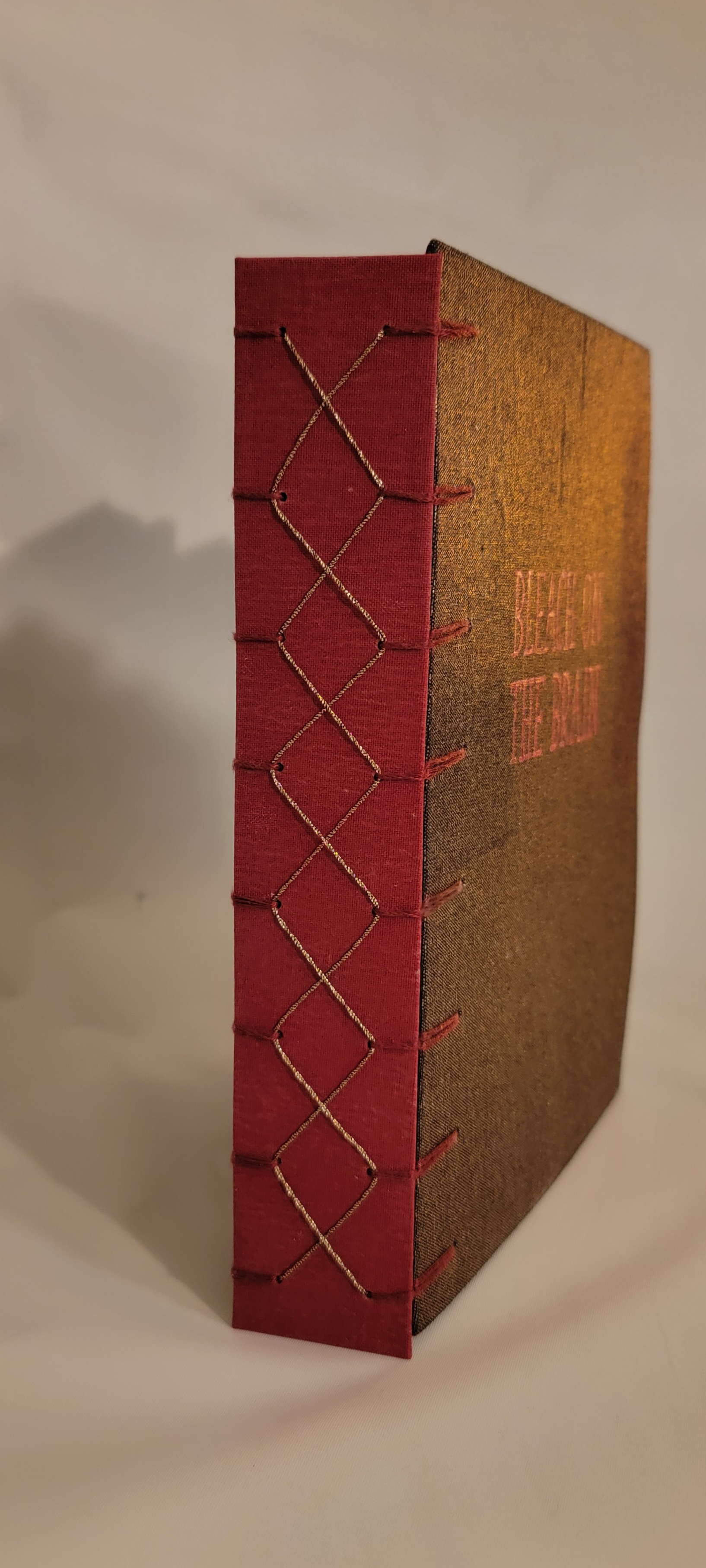 book with red spine and gold corset lacing